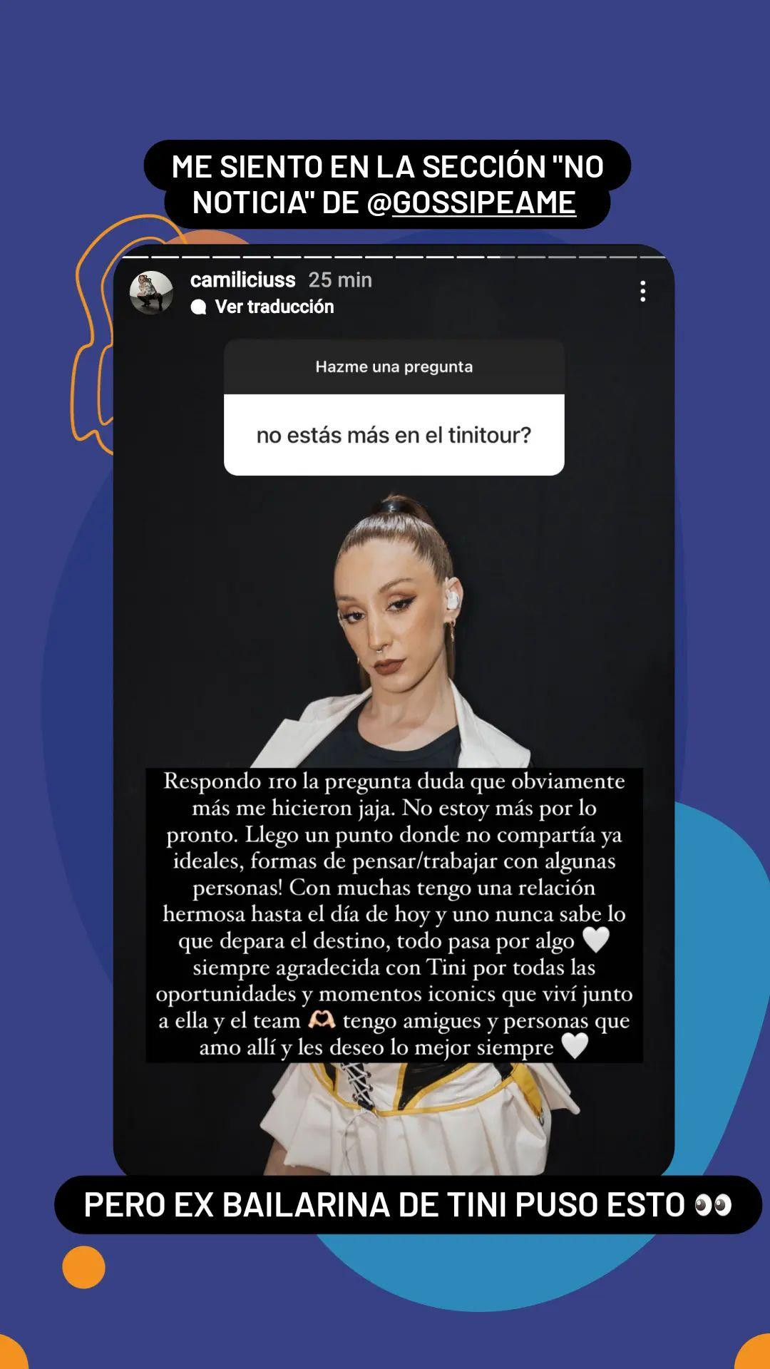 Ex bailarina de Tini y un llamativo mensaje sobre su trabajo con ella. Foto: Instagram.