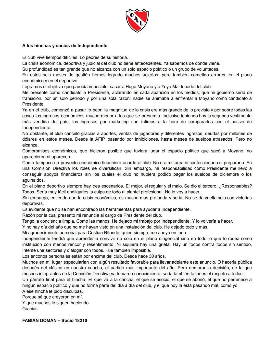 Comunicado de Fabián Doman sobre su renuncia a Independiente. 