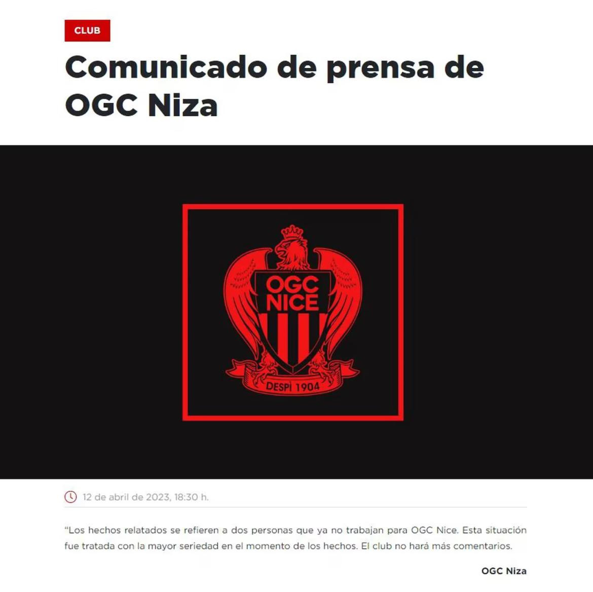 El comunicado del Niza sobre el caso Christophe Galtier. Foto: Niza