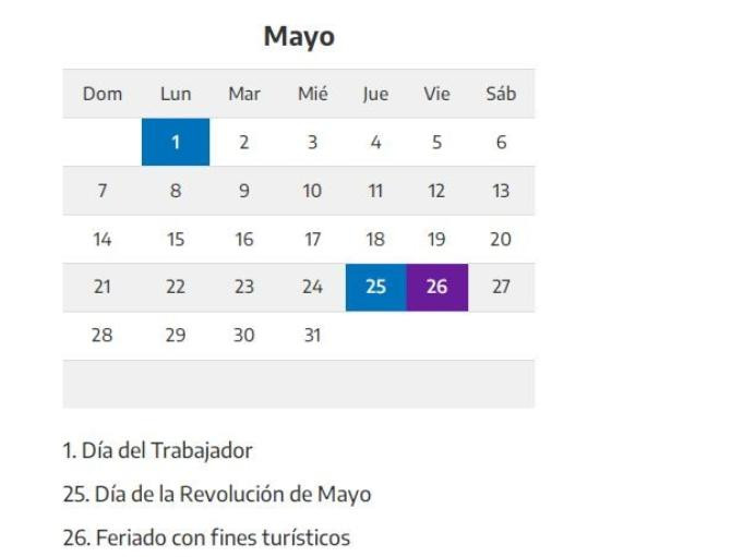 Calendario de feriados en mayo. Foto: Télam