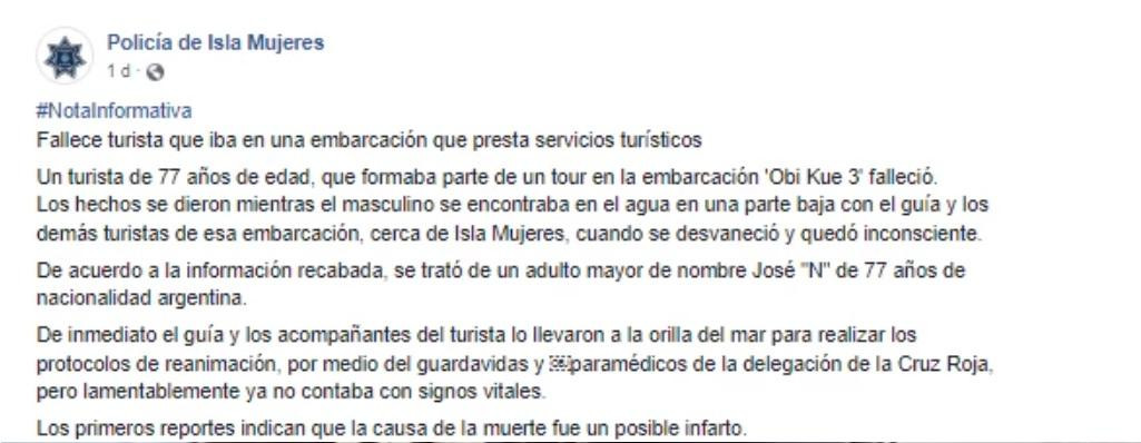 Comunicado Policía Isla Mujeres. Foto Facebook.