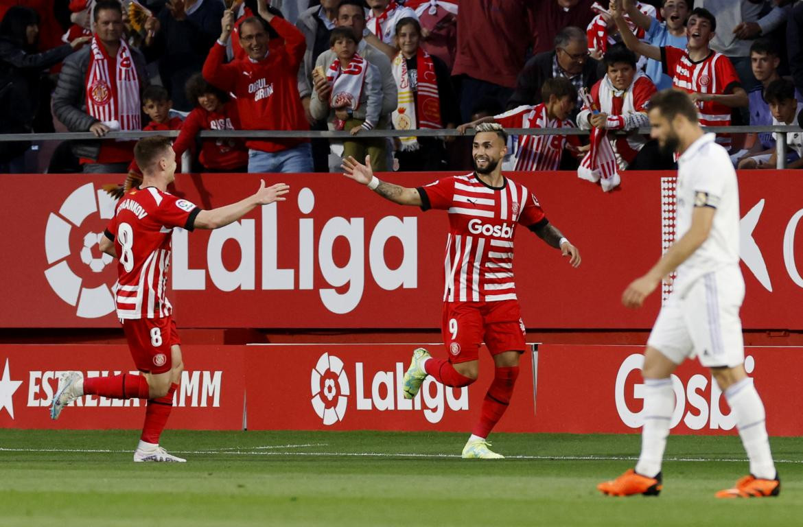 Festejo de Valentin Castellanos para el Girona ante el Real Madrid por la Liga. Foto: REUTERS.