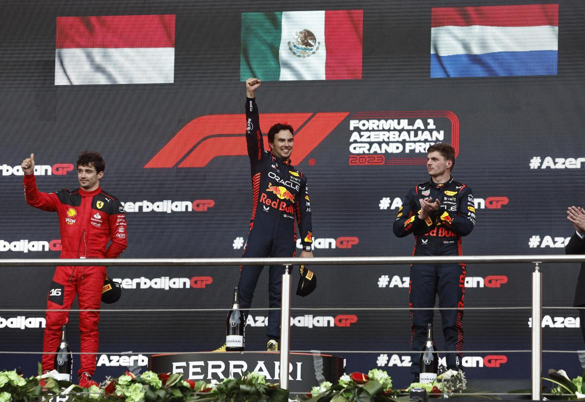 Podio; Gran Premio de Azerbaiyán. Foto: Reuters.