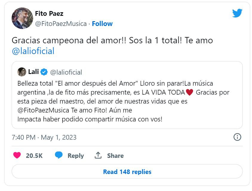 Los mensajes entre Fito Páez y Lali. Foto: Twitter.