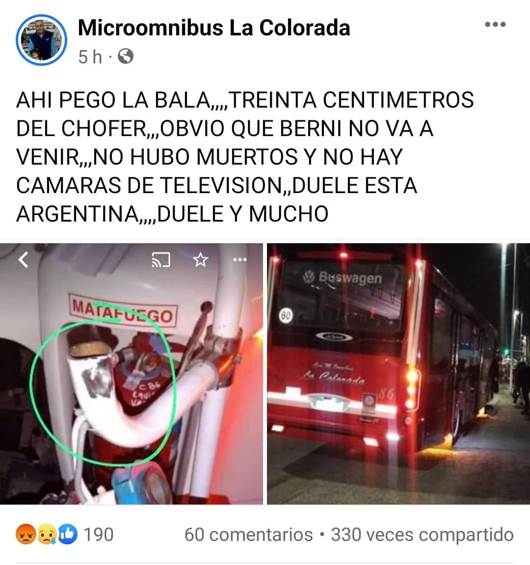 El mensaje de la empresa La Colorada por el tiroteo a un chofer. Foto: Facebook.