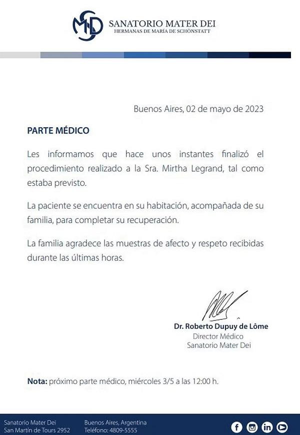 El parte médico de Mirtha Legrand. Foto: captura.