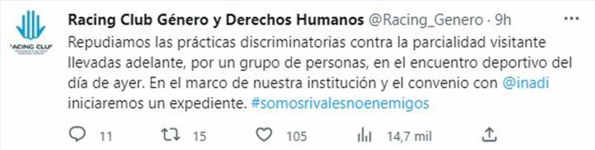 El comunicado del departamento de Género y Derechos Humanos de Racing. Foto: Captura.