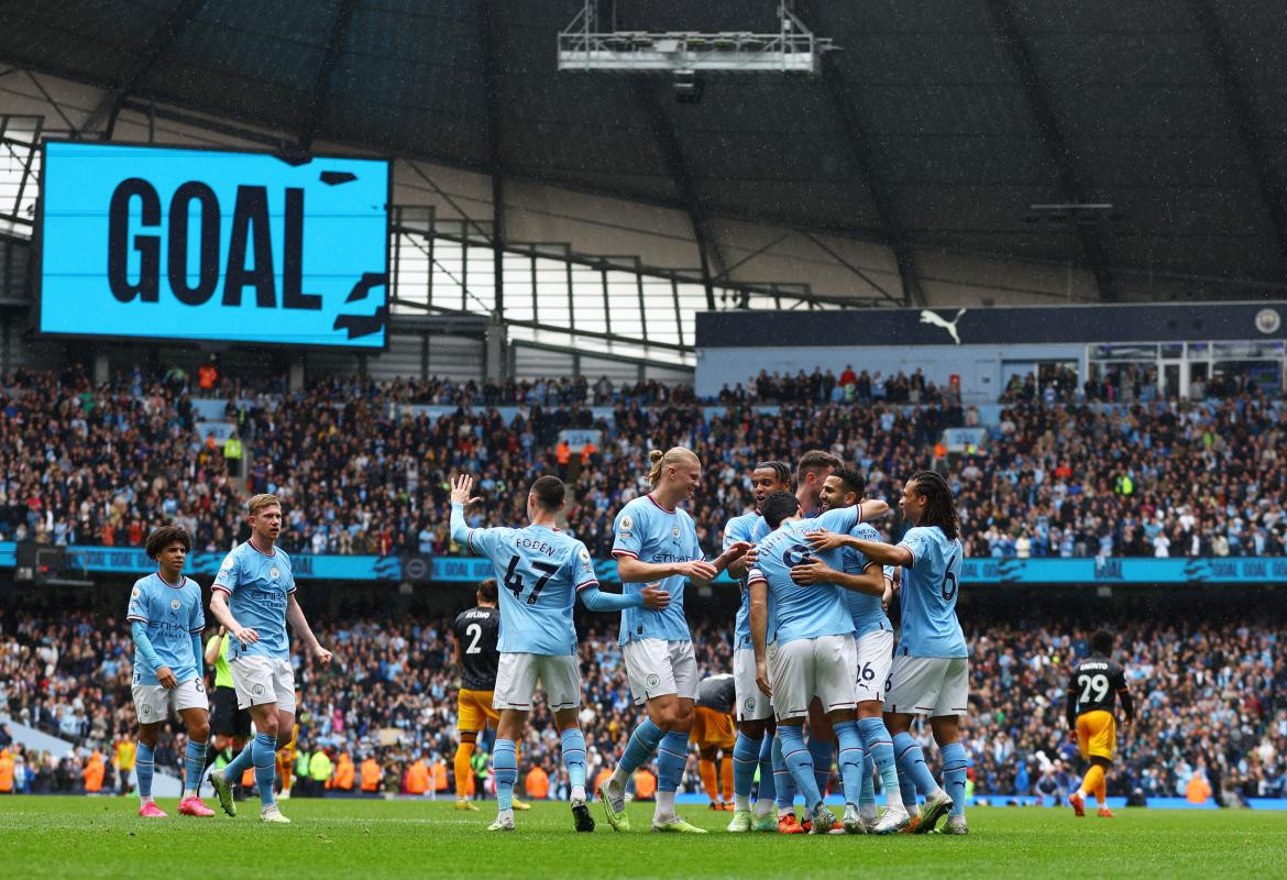 Festejo del Manchester City ante el Leeds por la Premier League. Foto: REUTERS.