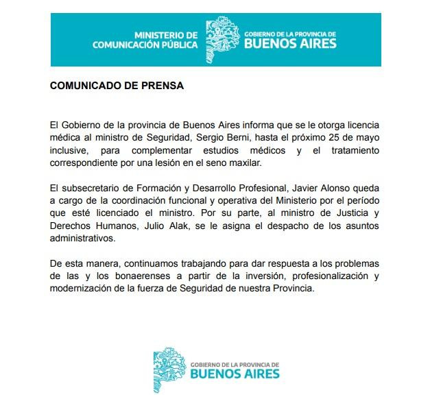 Sergio Berni, ministro de Seguridad, Provincia de Buenos Aires, licencia