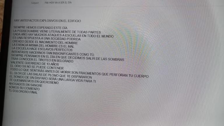 El texto de la amenaza de bomba que se envió por correo electrónico