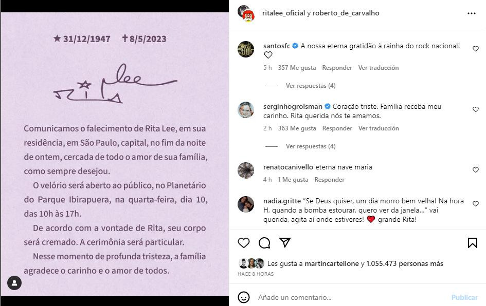 Comunicado de la familia de Rita Lee. Fuente: @ritalee_oficial