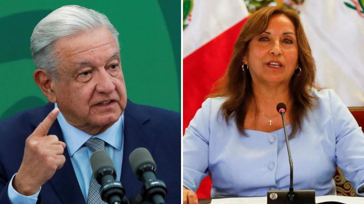 López Obrador cruza a Dina Boluarte. Fotos: Reuters.