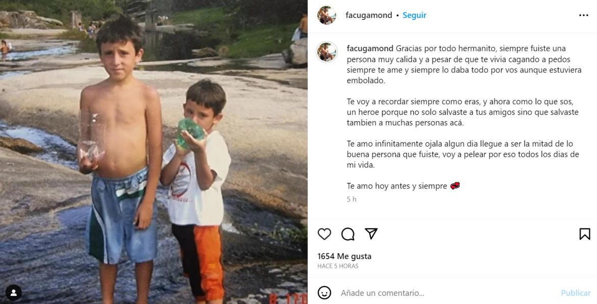 Emotivo posteo de Facundo Gamond. Foto: Instagram.