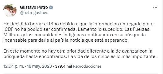 Gustavo Petro admitió que todavía no encontraron con vida a los cuatro niños. Foto: Twitter.