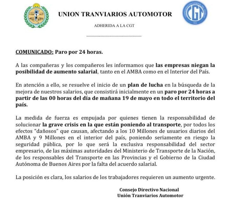 Comunicado de la UTA sobre paro de colectivos