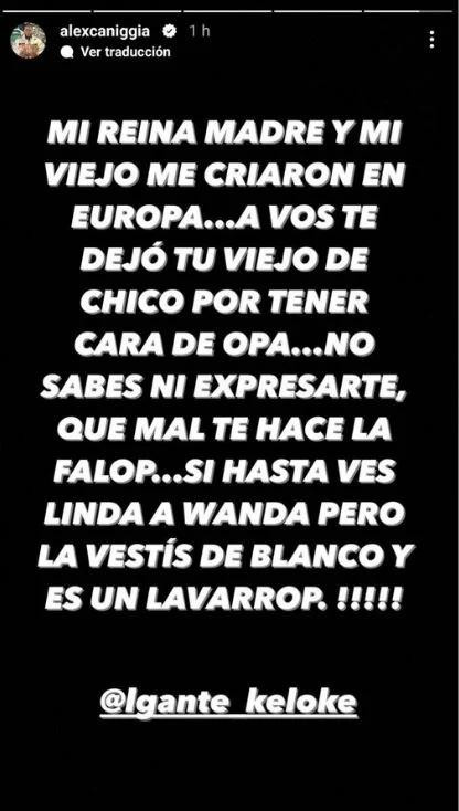 Historia de Alex Caniggia contra L-Gante. Foto: Instagram