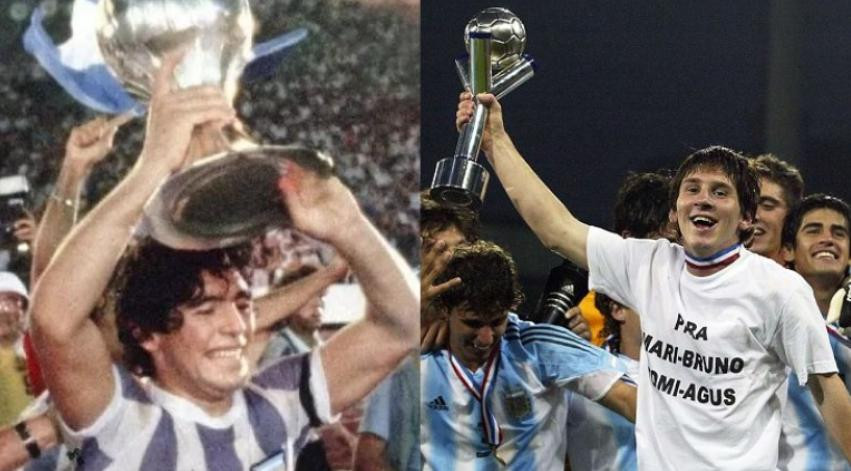 Diego Maradona y Lionel Messi, campeones del mundo sub 20. Foto: NA.
