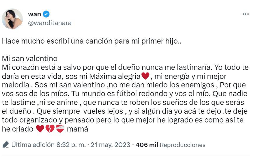 La canción que le escribió Wanda a Valentino. Foto: Twitter.