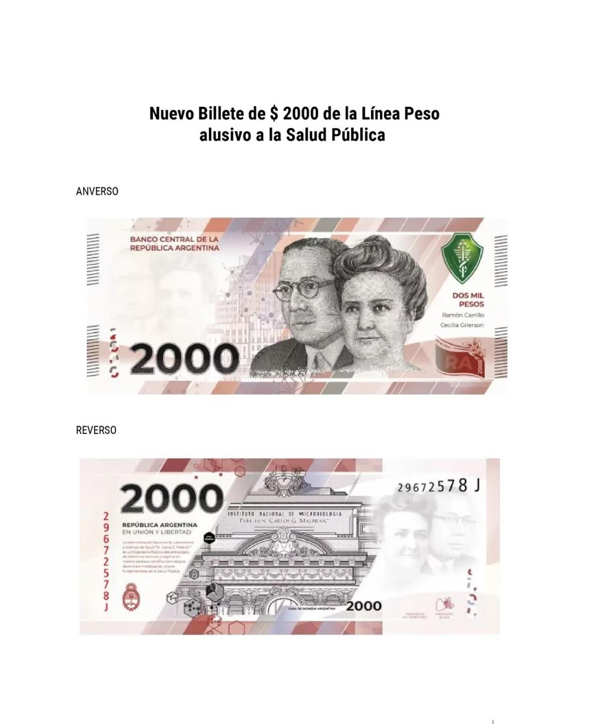 Billete conmemorativo de 2000 pesos. Foto: BCRA