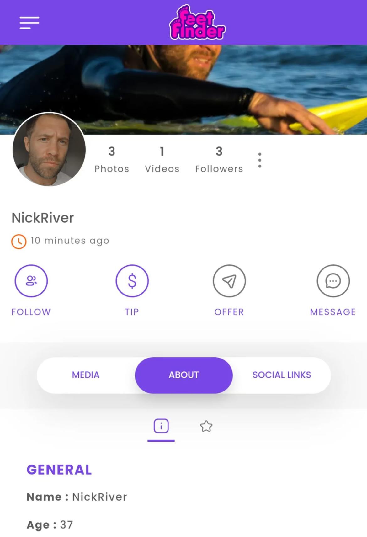 El perfil de Nico Riera en la app para vender fotos de los pies. Foto: captura/FeetFinder-NickRiver