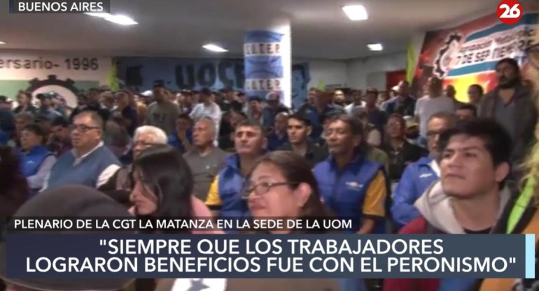 Plenario de la CGT La Matanza. Foto: Canal 26.