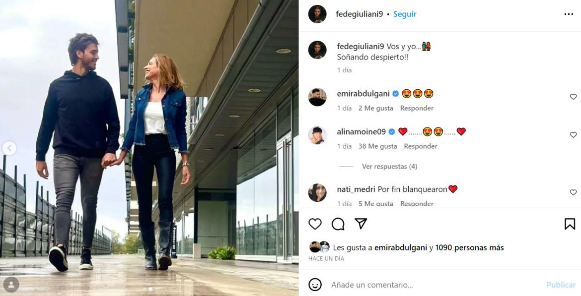 Así confirmó su romance Alina Moine con Federico Giuliani. Foto: Instagram/fedegiuliani9