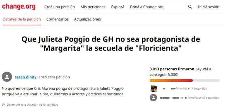 Change.org para que Julieta Poggio no sea Floricienta. Foto captura.