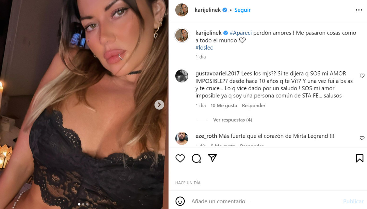 Karina desapareció unos días y les pidió disculpas a sus seguidores. Foto: Instagram.