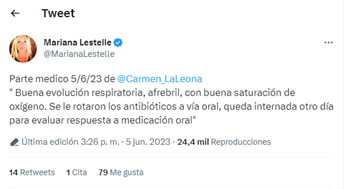 Parte médico de Carmen Barbieri. Twitter: @MarianaLestelle