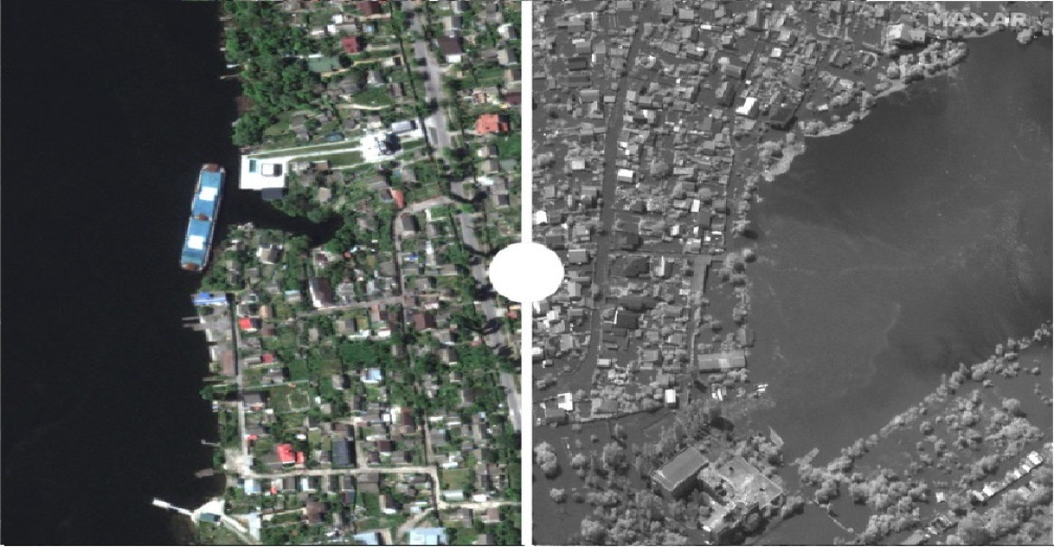 El Río Dniper antes y después de que se destruya la represa. Foto: Maxar.