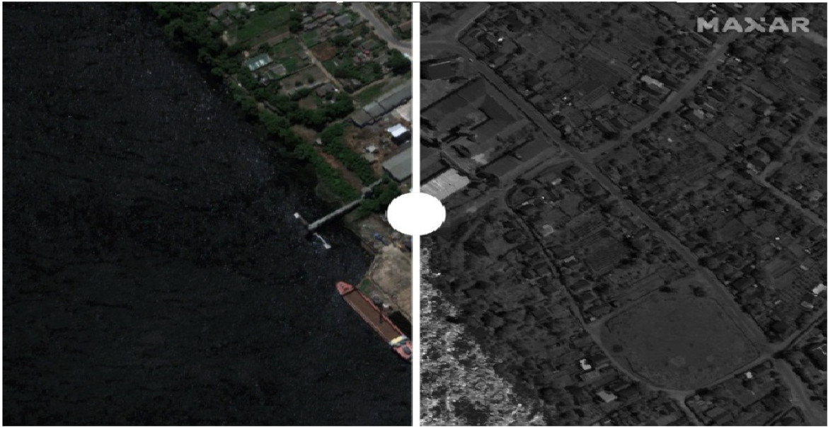 El Río Dniper antes y después de que se destruya la represa. Foto: Maxar.