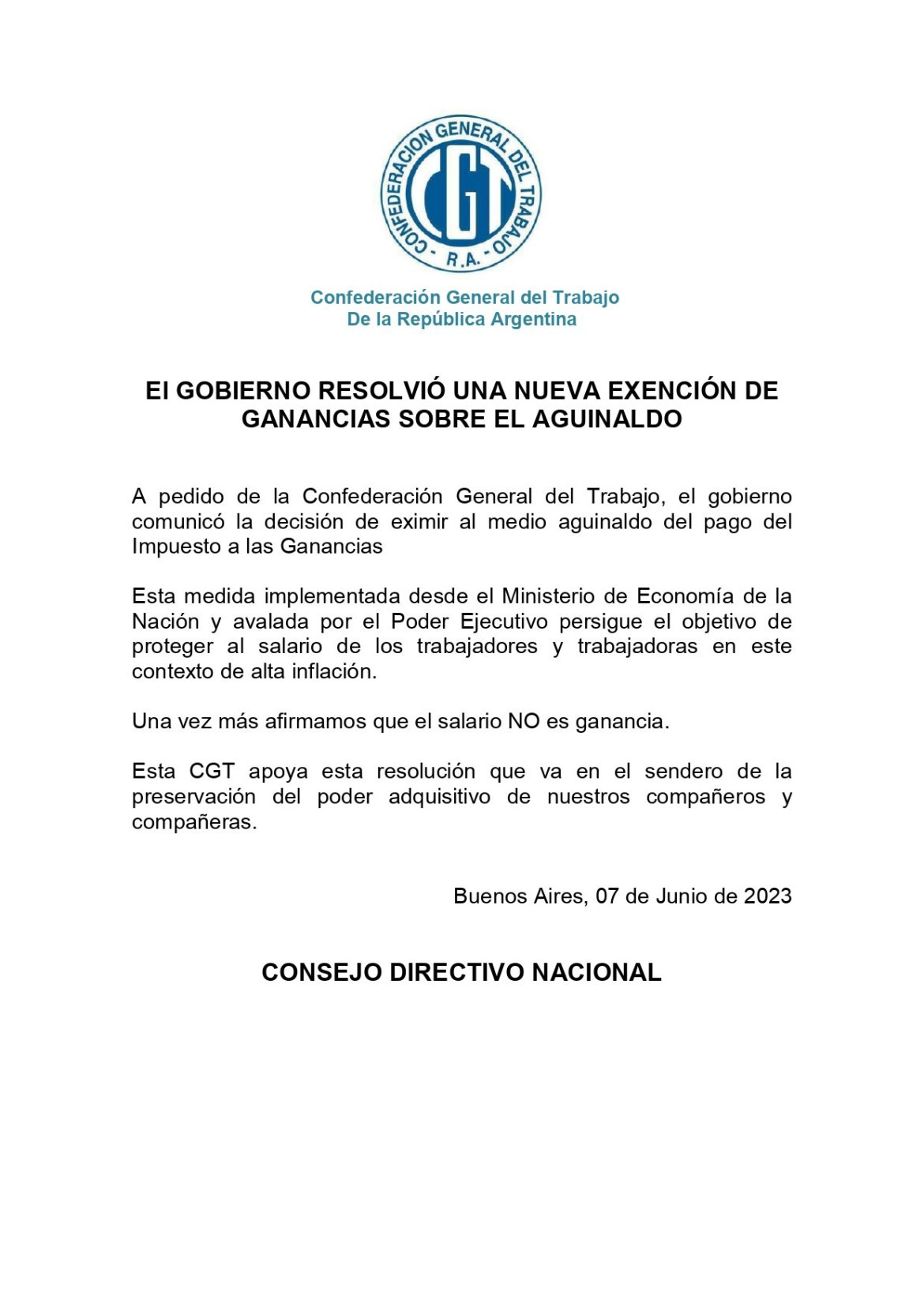 Comunicado de la CGT. Foto: Twitter.