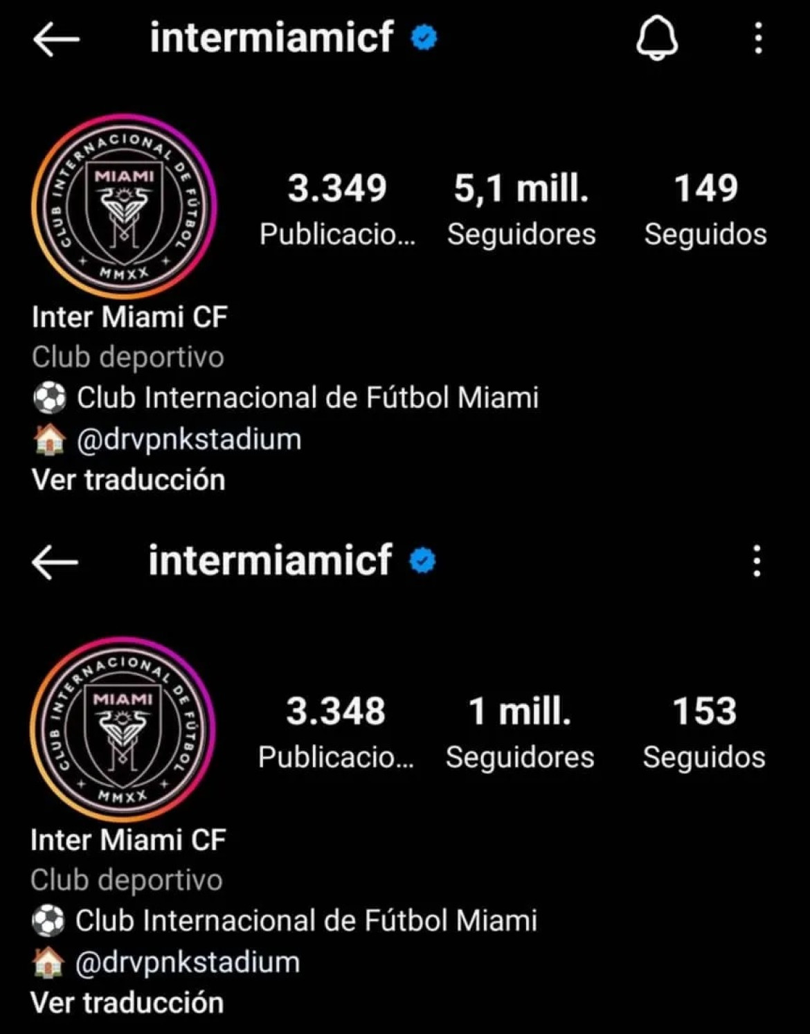 Crecimiento de seguidores del Inter Miami en Instagram tras el anuncio de Messi.  Foto: NA.