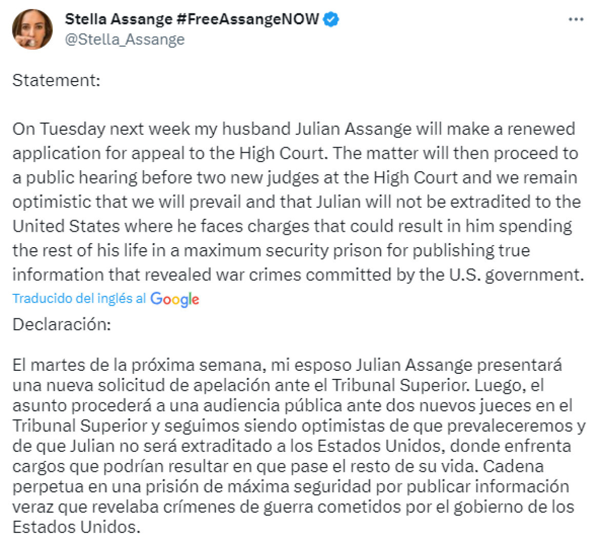 Stella Assange, esposa de Julian, se manifestó en redes sociales. Fuente: Twitter.