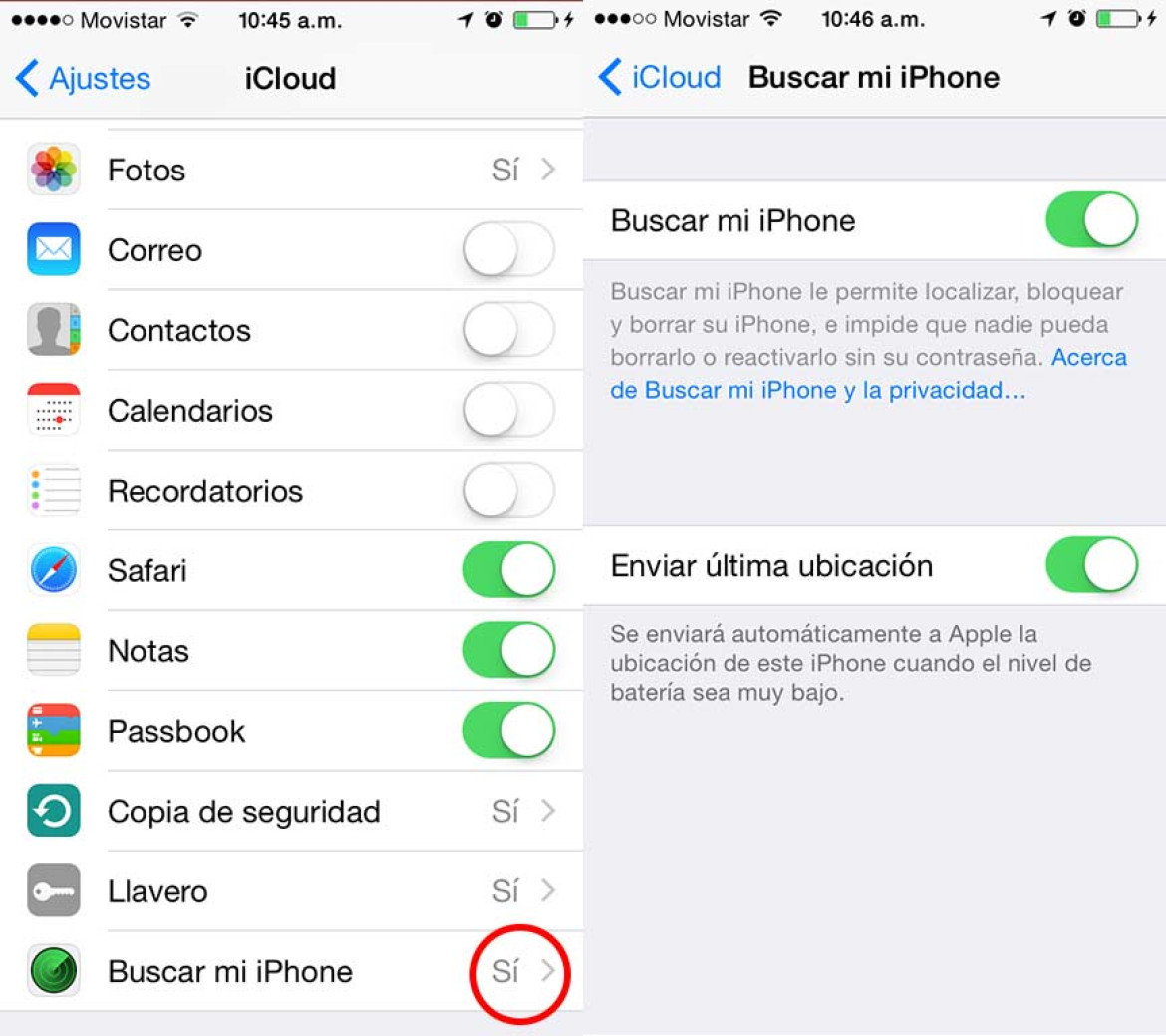 En iOS, debes activar la función "Buscar mi iPhone". Fuente: Web.