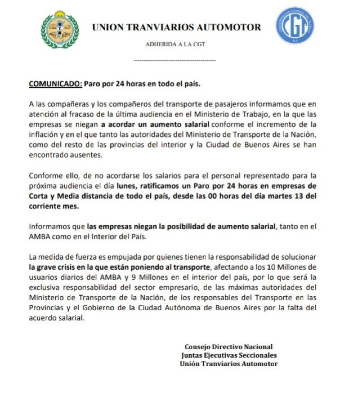El comunicado de la UTA sobre el paro total de colectivos para el próximo martes. Foto: Twitter.