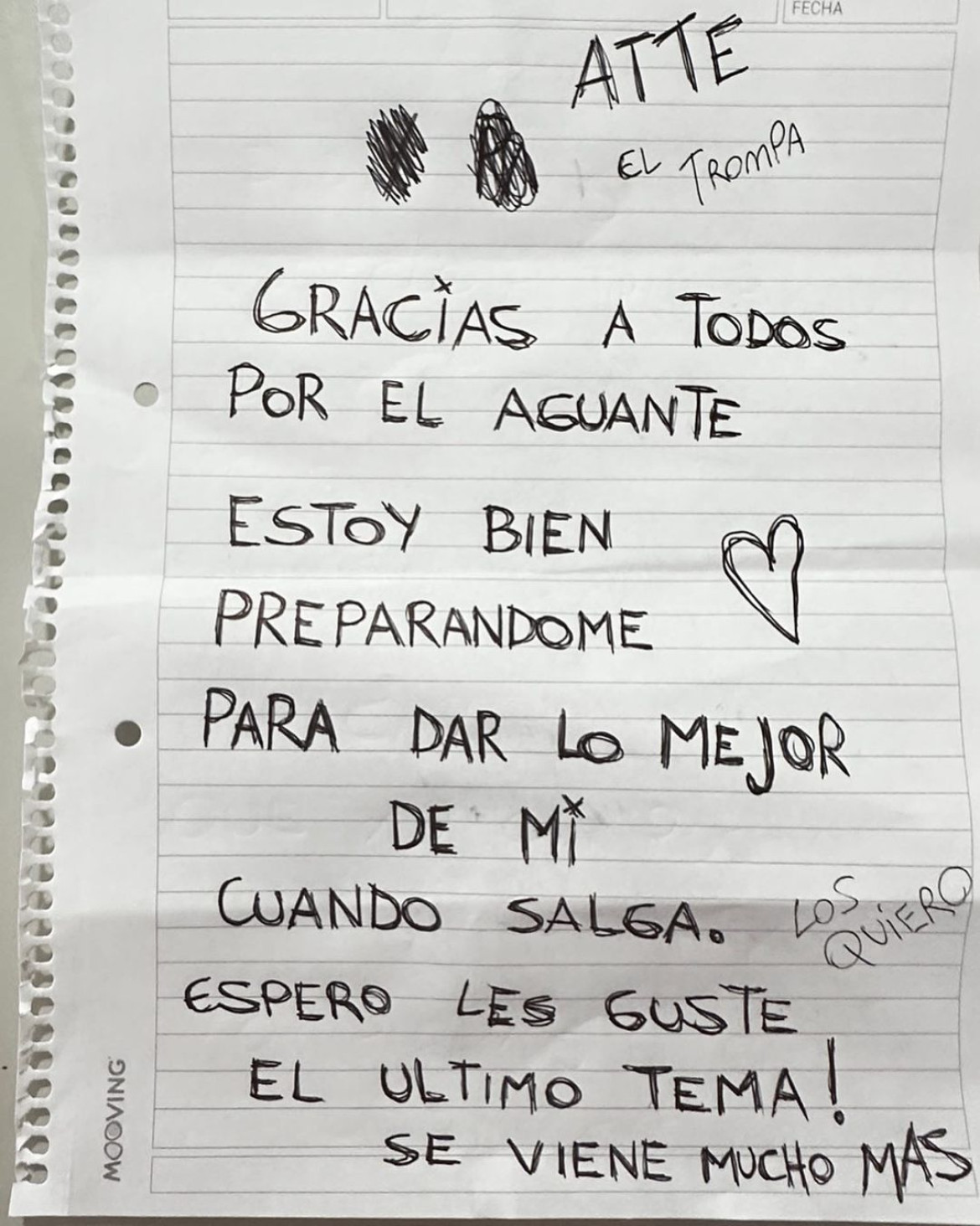 La carta que publicó L-Gante para su público. Foto: Instagram.