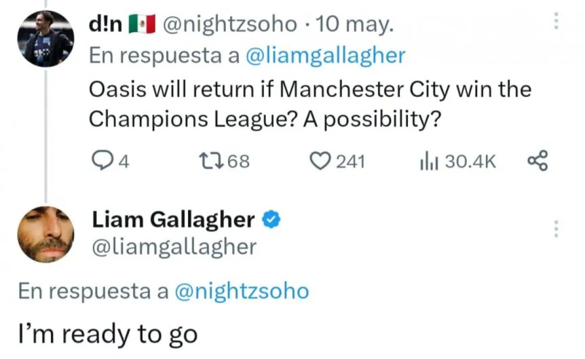 Liam Gallagher prometió reunir a Oasis si Manchester City ganaba la Champions League. Foto: Twitter.