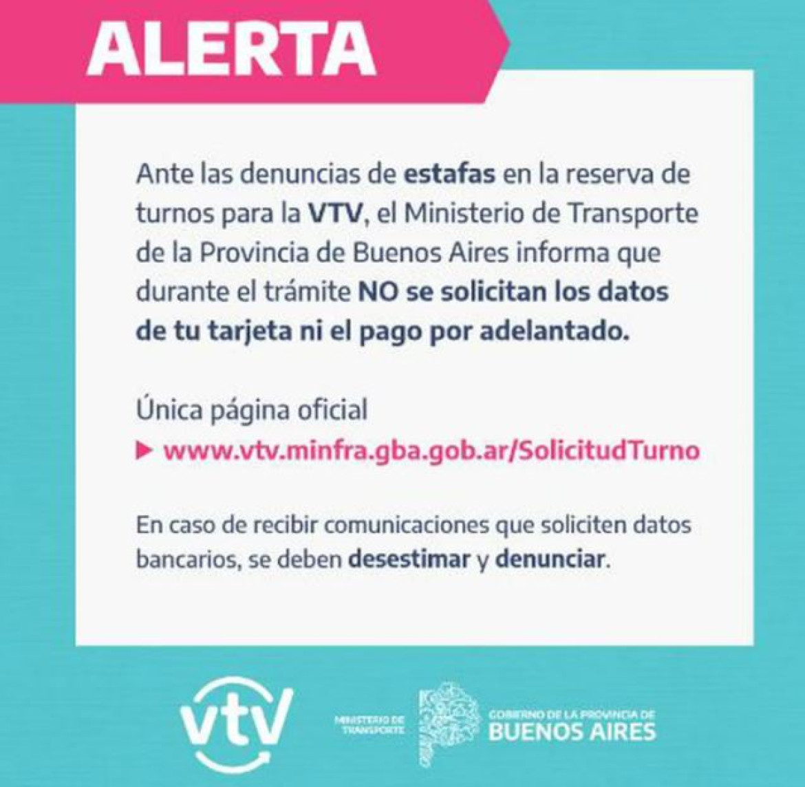 La notificación que advierte a los usuarios sobre las estafas virtuales. Foto: Ministerio de Transporte.