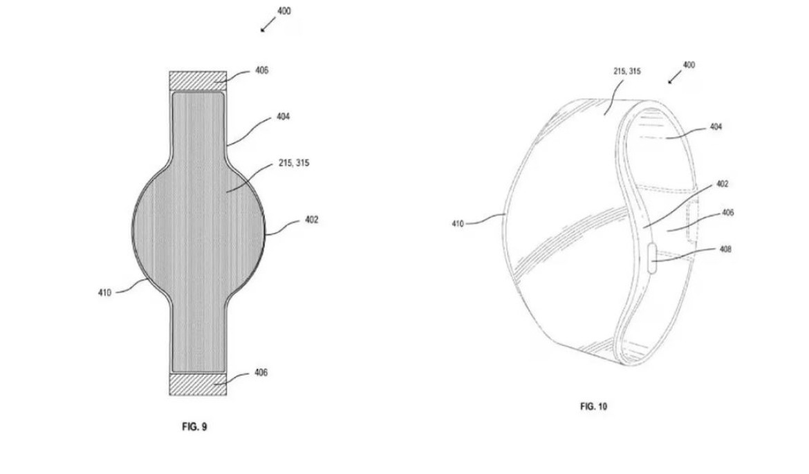 El diseño del nuevo reloj inteligente con pantalla plegable, de Apple. Foto: UPSTO.
