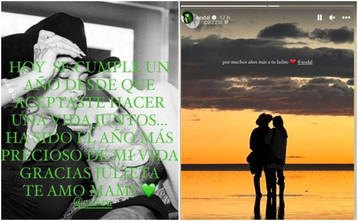 Christian Nodal y Cazzu se dedicaron tiernos mensajes por su primer año de novios. Fotos:  Instagram.