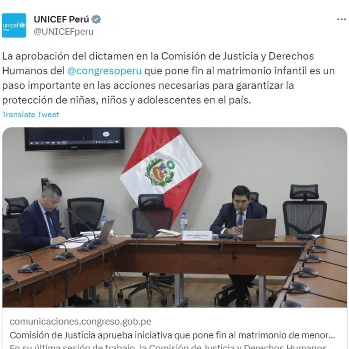 Declaración de Unicef sobre el matrimonio infantil en Perú. Foto: captura Twitter.