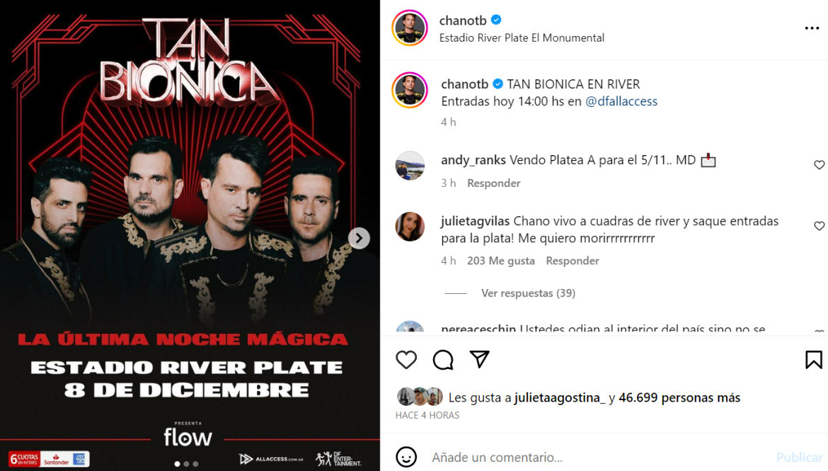 Tan Biónica en River. Foto: Instagram.