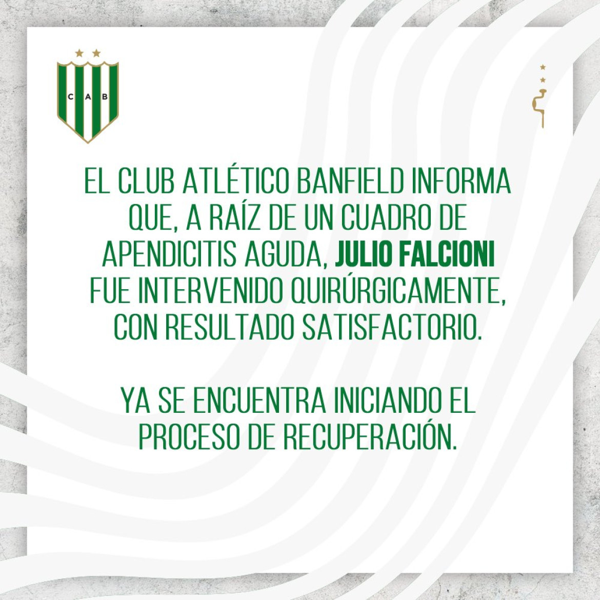 El comunicado de Banfield sobre la salud de Julio César Falcioni. Foto: Twitter.