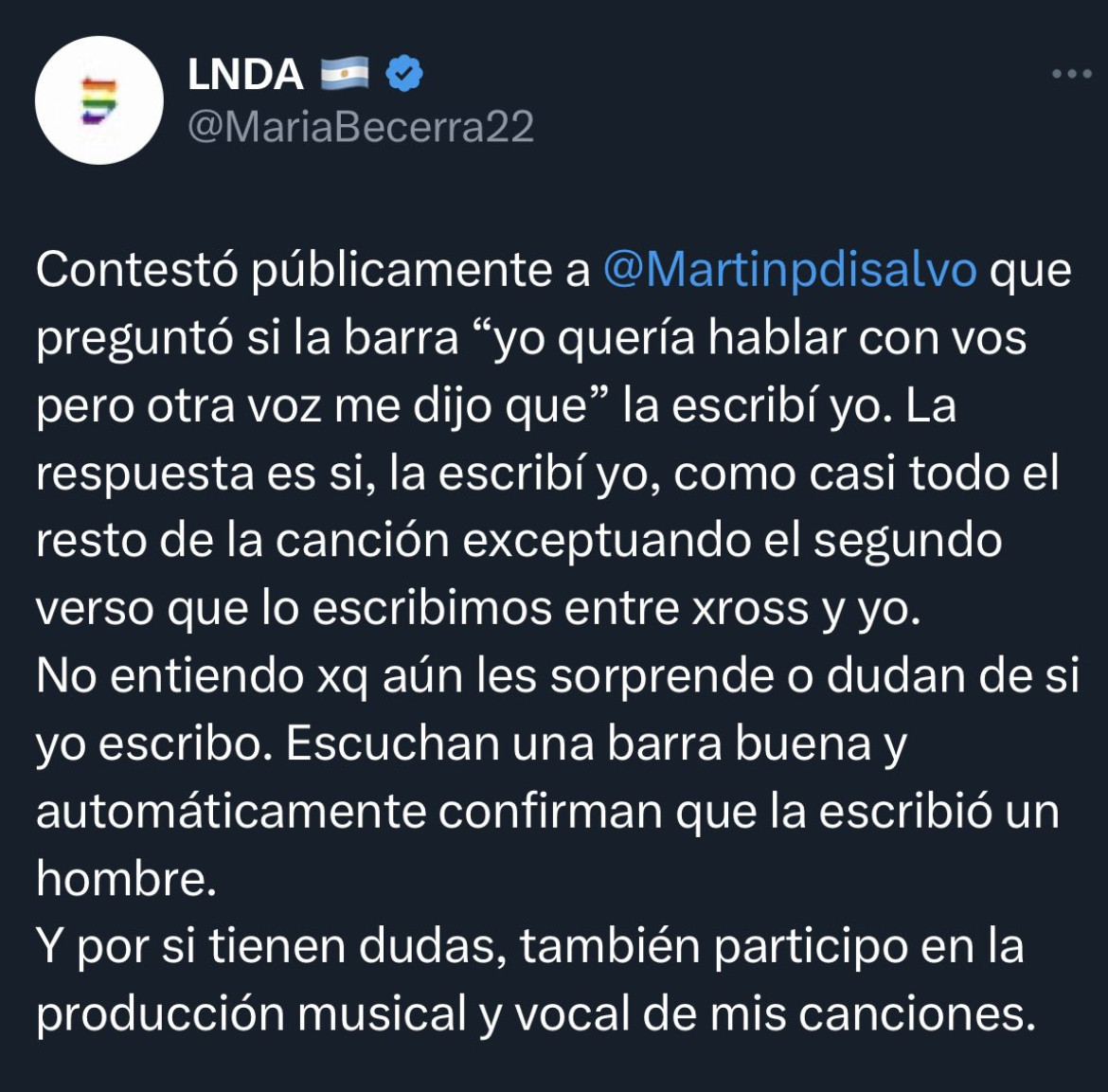 Respuesta de María Becerra. Fuente: Twitter (@MariaBecerra22).