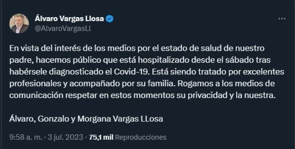 Internación de Mario Vargas Llosa. Foto: Twitter.