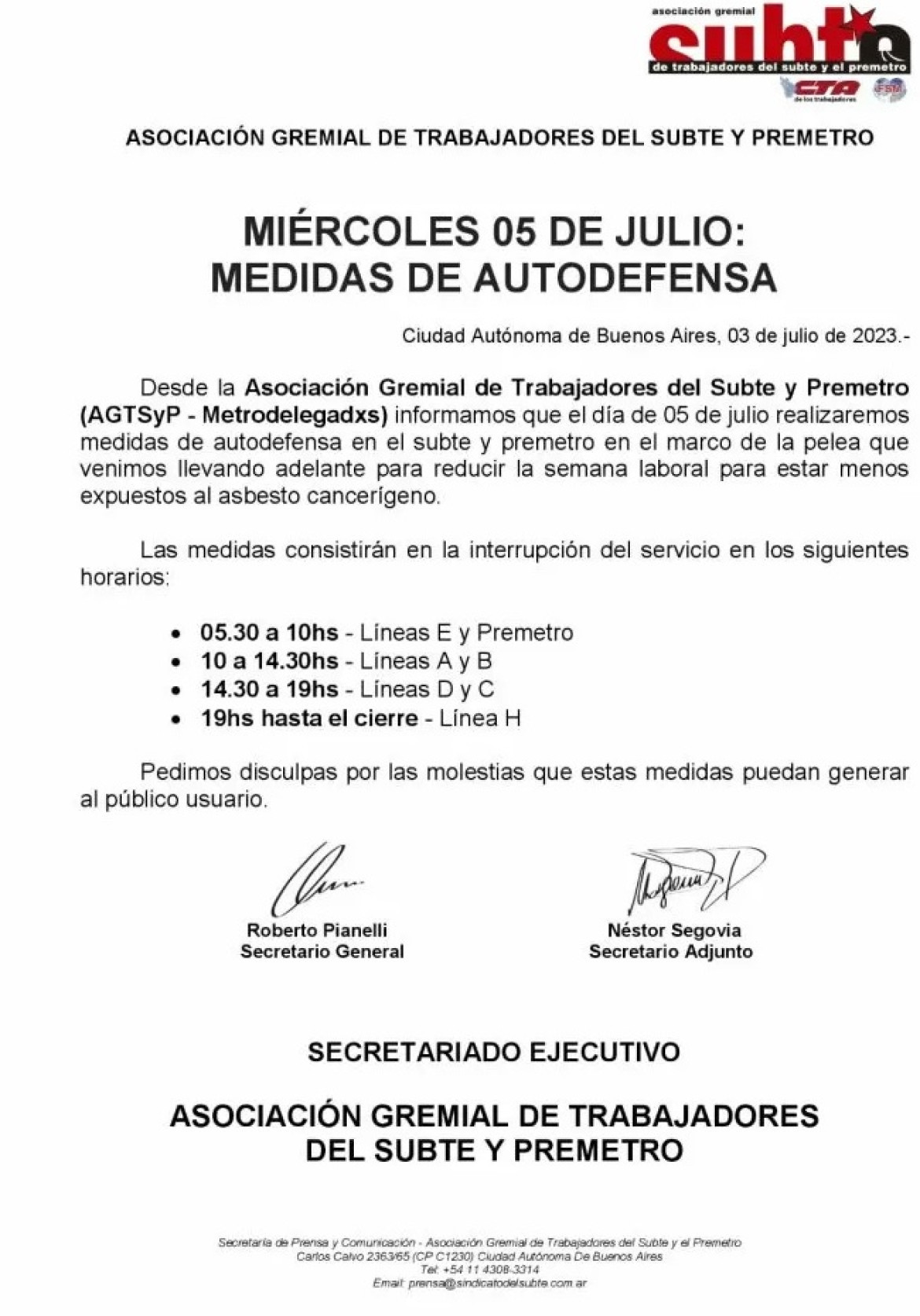 El comunicado de la AGTSyP. Foto: captura de pantalla.