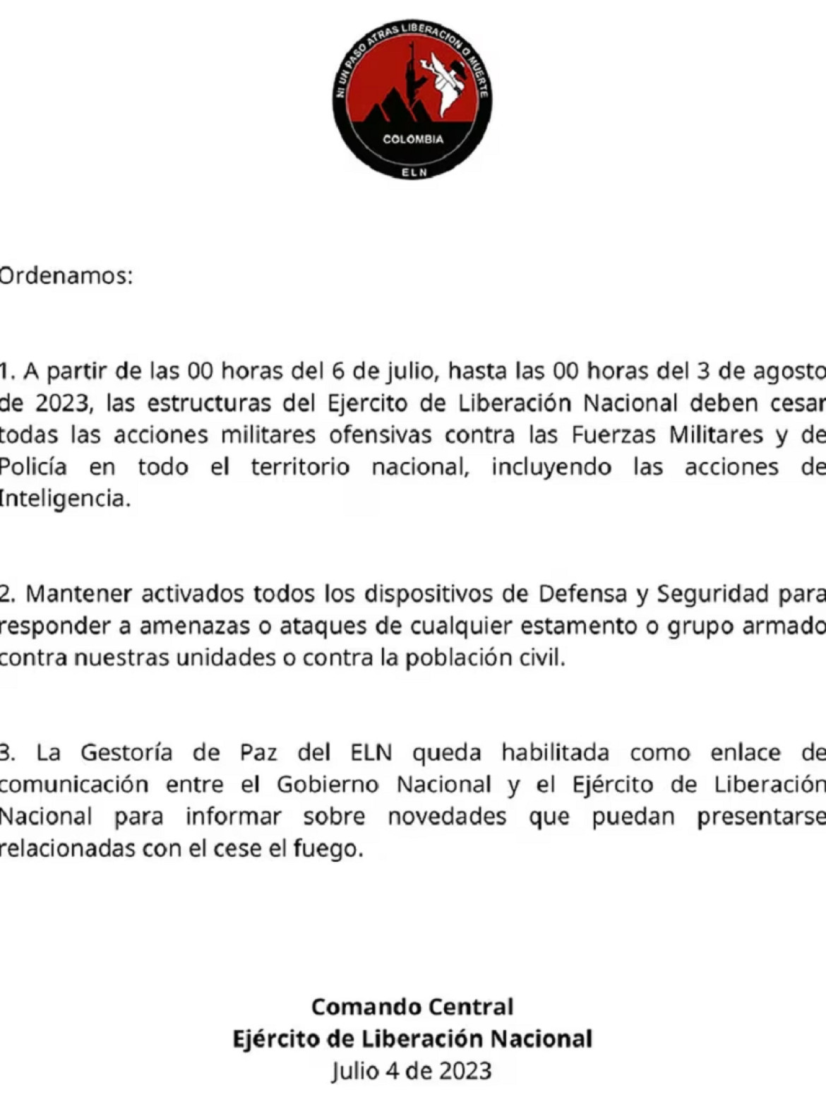 Comunicado del Comando Central del ELN