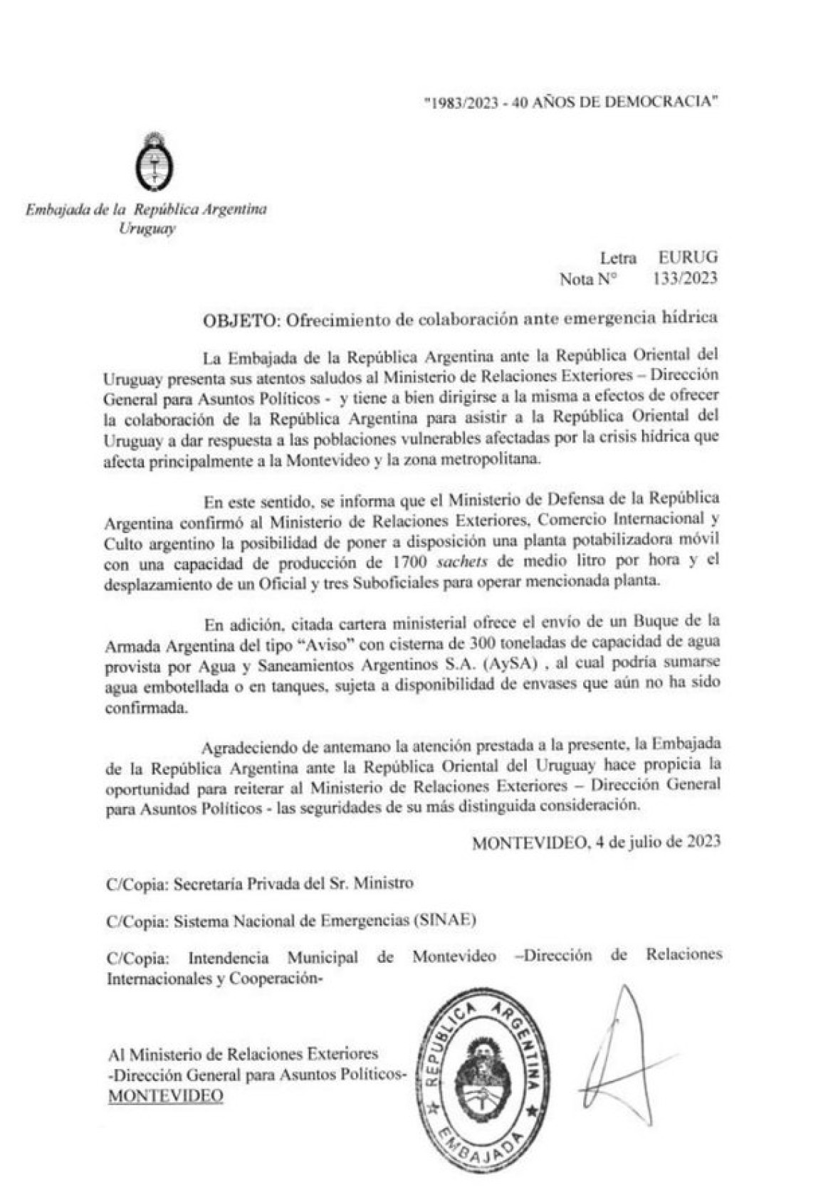 Carta de Cancillería argentina al gobierno de Uruguay