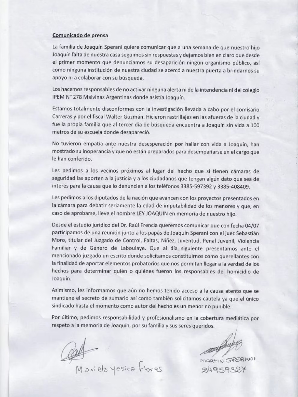 El comunicado de los padres de Joaquín. Foto: (Facebook/ FM Panamericana)